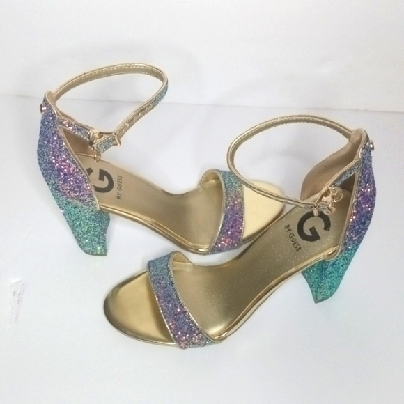 NEW! Sparkling GUESS Block High Heel OPEN TOE Shoes Metallic FORMAL PROM… - Picture 2 of 14